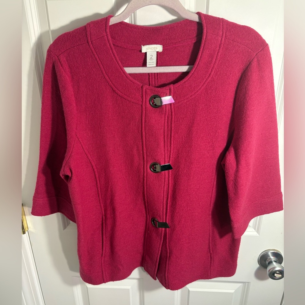 Chico's Cardigan Sweater Womens 2 Pink Wool Metal Clasp Pockets Old Money